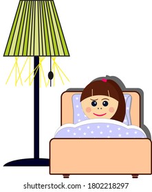 Little girl sleepeng in her bed, midnight time behind window
