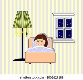 Little girl sleepeng in her bed, midnight time 