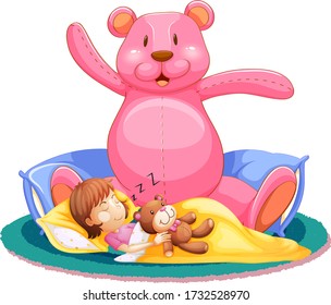 Little girl sleeping in bed with big teddy bear illustration