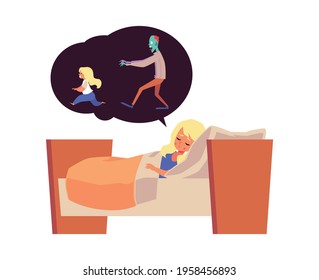 Little girl sleeping in bed and having bad scary dream, flat vector illustration isolated on white background. Child has nightmare. Problem of childhood fears.