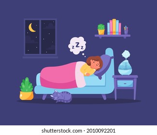 Little girl sleeping in bedroom with air humidifier. Healthy sleep. Vector illustration