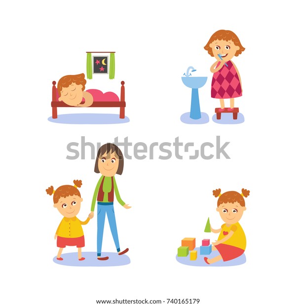 Little Girl Sleeping Brushing Teeth Playing Stock Vector (Royalty Free ...