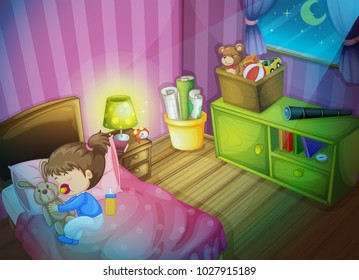 Little girl sleeping with bunny doll in bedroom illustration