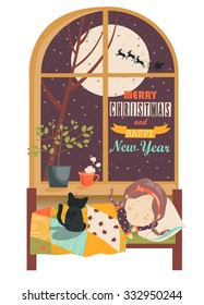 Little girl sleeping by the window.Christmas Eve. Vector illustration