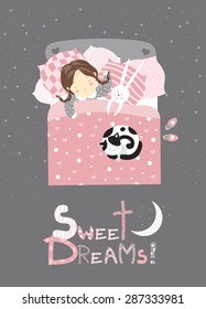 Little girl sleeping with cat. vector illustration