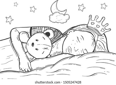 little girl sleeping with a crown on her head in an embrace with a teddy bear. Vector graphics. Hand drawing