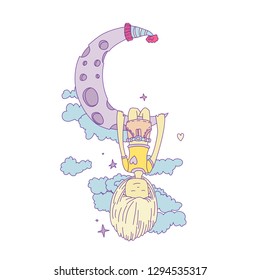 A little girl sleeping and dreaming, hanging on a crescent moon among the stars and clouds. Little girl dreaming on the moon. Dreaming little girl vector cartoon hand draw illustration