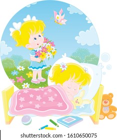 Little girl sleeping in her bed and dreaming of a sunny summer day, colorful flowers and a beautiful butterfly, vector cartoon illustration on a white background