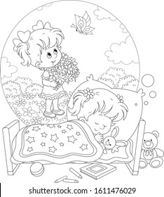 Little girl sleeping in her bed and dreaming of a sunny summer day, flowers and a beautiful butterfly, black and white vector cartoon illustration for a coloring book page