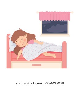 Little Girl Sleeping in Her Bed Under Blanket Having Night Rest Vector Illustration