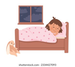 Little Girl Sleeping in Her Bed Under Blanket Having Night Rest Vector Illustration