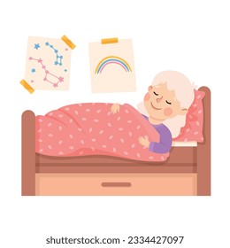 Little Girl Sleeping in Her Bed Under Blanket Having Night Rest Vector Illustration