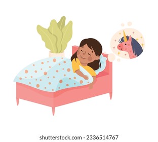 Little Girl Sleeping in Her Bed Under Blanket Having Night Rest Vector Illustration