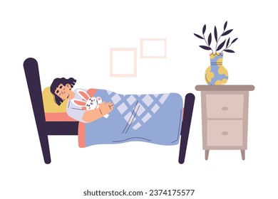 Little Girl Sleeping in Her Bed as Children Day Activity Vector Illustration