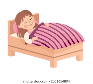 Little Girl Sleeping in Her Bedroom Covered with Blanket Engaged in Daily Activity and Everyday Routine Vector Illustration