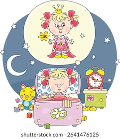 Little girl sleeping in her pretty small bed among funny toys in a nursery room on a moonlit night and dreaming that she is a cute princess from a fairy tale, vector cartoon illustration