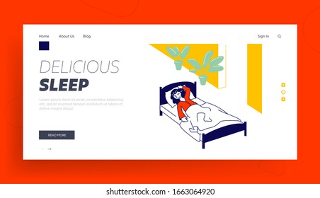 Little Girl Sleeping In Kindergarten Or Elementary School Website Landing Page. Nap Time, Kid Rest And Relaxing, Snooze And Kip In Bed Web Page Banner. Cartoon Flat Vector Illustration, Line Art