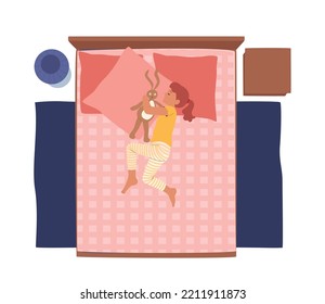 Little Girl Sleeping on Bed Hugging Toy Top View. Baby Character Lying in Relaxed Pose on Comfortable Sleeping Place at Home. Kid Night Relaxation, Nap in Bedroom. Cartoon People Vector Illustration