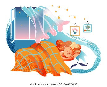 Little girl sleeping on pillow under blanket in bed. Bedroom with open window. Airy room. Sweet dream. Starry night sky. Wonder and magic atmosphere. Rest and relax. Vector illustration