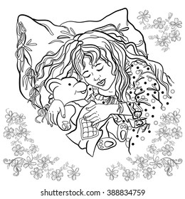 Little girl sleeping on a pillow. In the hands of a girl's toy - a teddy bear. Vector illustration. Coloring book.