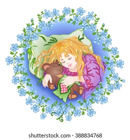 Little girl sleeping on a pillow. In the hands of a girl's toy - a teddy bear. Vector illustration.