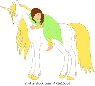 little girl sleeping on a unicorn with a golden mane