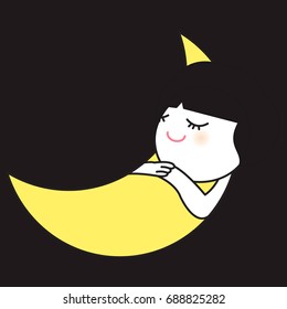 Little Girl Sleeping On Yellow Moon Concept Card Character illustration