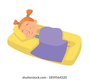 Little Girl Sleeping Sweetly in her Bed under Blanket, Bedtime, Sweet Dreams of Adorable Kid Concept Cartoon Style Vector Illustration