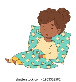 Little Girl Sleeping Sweetly on Soft Pillow Under Blanket in Her Bed Vector Illustration