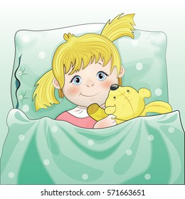 Little girl sleeping under a blanket with a teddy bear illustration