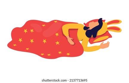 Little girl sleeping under star throw blanket semi flat color vector character. Lying figure. Full body person on white. Simple cartoon style illustration for web graphic design and animation