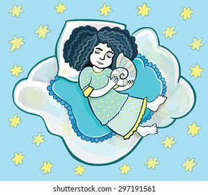 little girl sleeps. around the starry sky