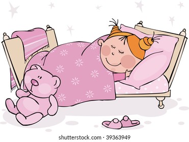 The little girl sleeps in the bed