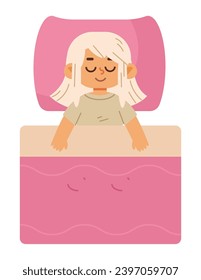Little girl sleeps in his bed, top view on isolated background. Cartoon flat illustration 