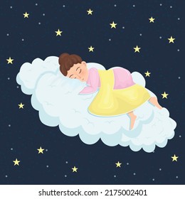 little girl sleeps under a yellow blanket on a fluffy cloud against the background of the night starry sky. Children's fairy tale vector illustration in flat cartoon style