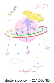 Little girl in sleepwear rollerblading with cat on Saturn rings in outer space vector illustration isolated on white. My magical dreams phrase. Childish felt pen hand drawn sweet dreams poster.