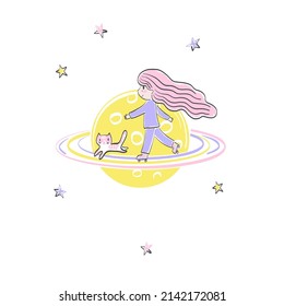 Little girl in sleepwear rollerblading with cat on Saturn rings vector illustration isolated on white. Cosmic dreams of baby girl. Cartoon childish felt pen drawn sweet dreams print for pyjamas party.