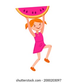Little girl with a slice of watermelon. Vector illustration in flat cartoon style. Isolated on a white background.