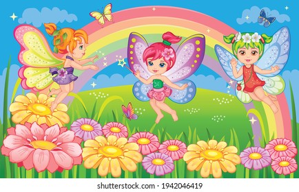 Little Girl. Small Fairy, Princess. Butterflies With Colorful Wings. Fairytale Background With Flower Meadow, Rainbow. Fabulous Landscape. Children Wallpaper. Cartoon Illustration. Wonderland. Vector.