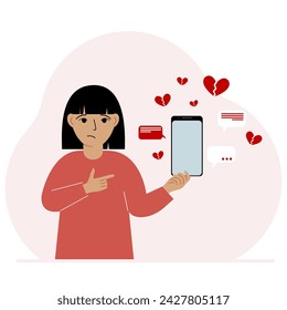 Little girl with a smartphone in his hand. The concept of correspondence, communication, social networks. Lots of broken hearts.