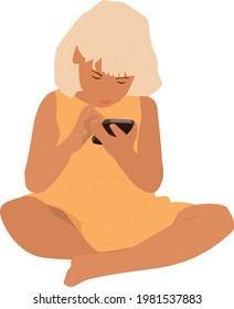 Little girl with smartphone sitting, gadget addiction concept flat vector illustration. Kid's dependence on a smartphone, gadget or the Internet. girl isolated on white background. 