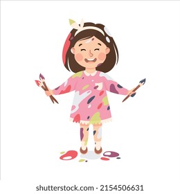 Little Girl Smeared in Paints Holding Artist Brush Vector Illustration