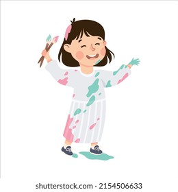 Little Girl Smeared in Paints Holding Artist Brush Vector Illustration