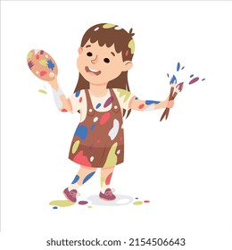 Little Girl Smeared in Paints Holding Artist Palette and Brush Vector Illustration
