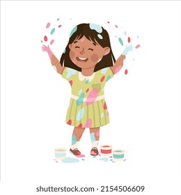Little Girl Smeared in Paints Throwing Splashes Vector Illustration