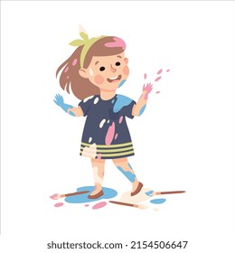 Little Girl Smeared in Paints Throwing Splashes Vector Illustration