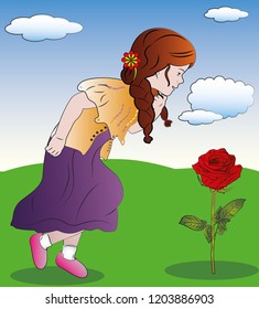 little Girl smelling a flower. Rose. Vector illustration of a little girl