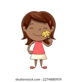 Little girl smelling yellow flower