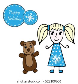 Little girl with smile bear and with sticker Happy Holiday. Vector illustration for greeting card, invitation, posters, texture backgrounds, placards, banners.