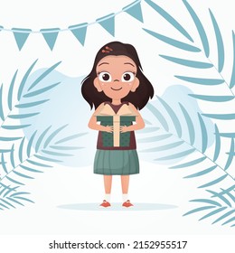 A little girl with a smile is depicted in full growth, standing in a room and holding a gift in her hands. Birthday. Cartoon style. Vector illustration